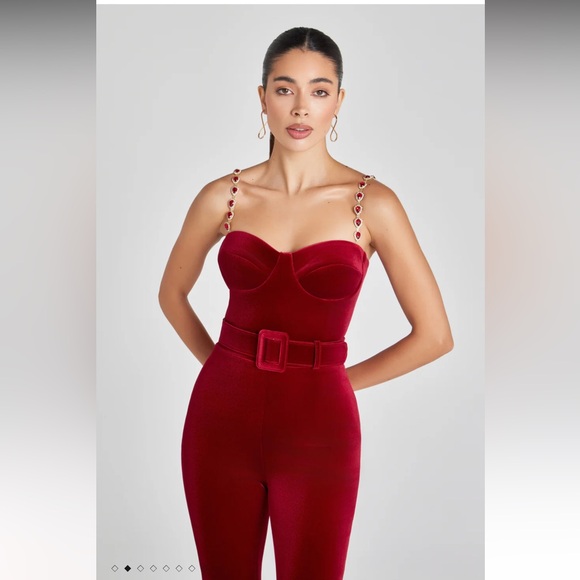 new Nadine Merabi Harley velvet belted embellished strap jumpsuit in red - Picture 5 of 13